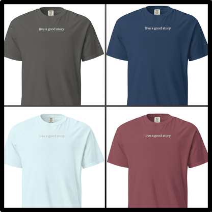 Embroidered Comfort Colors "live a good story" garment-dyed heavyweight t-shirt- 5 COLORS