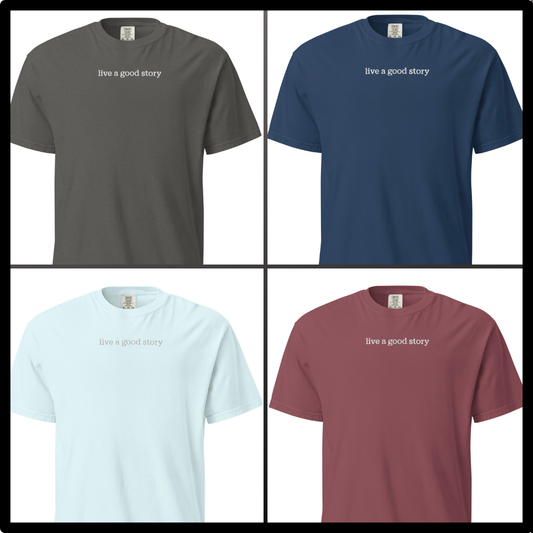 Embroidered Comfort Colors "live a good story" garment-dyed heavyweight t-shirt- 5 COLORS
